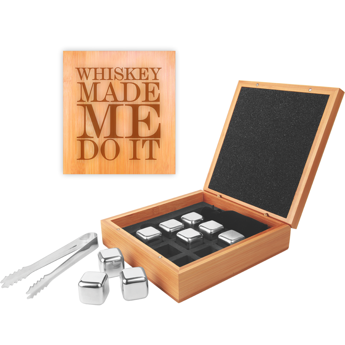6 1/4" x 6 3/4" Stainless Steel Whiskey Stone Set in Bamboo Case